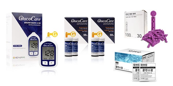 녹십자 글루코케어 혈당 측정기+혈당검사지(100매)+란셋100개+알콜솜 100매/당뇨 당 체크기 검사기